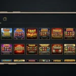 Темный интерфейс казино с навигацией и каталогом слотов