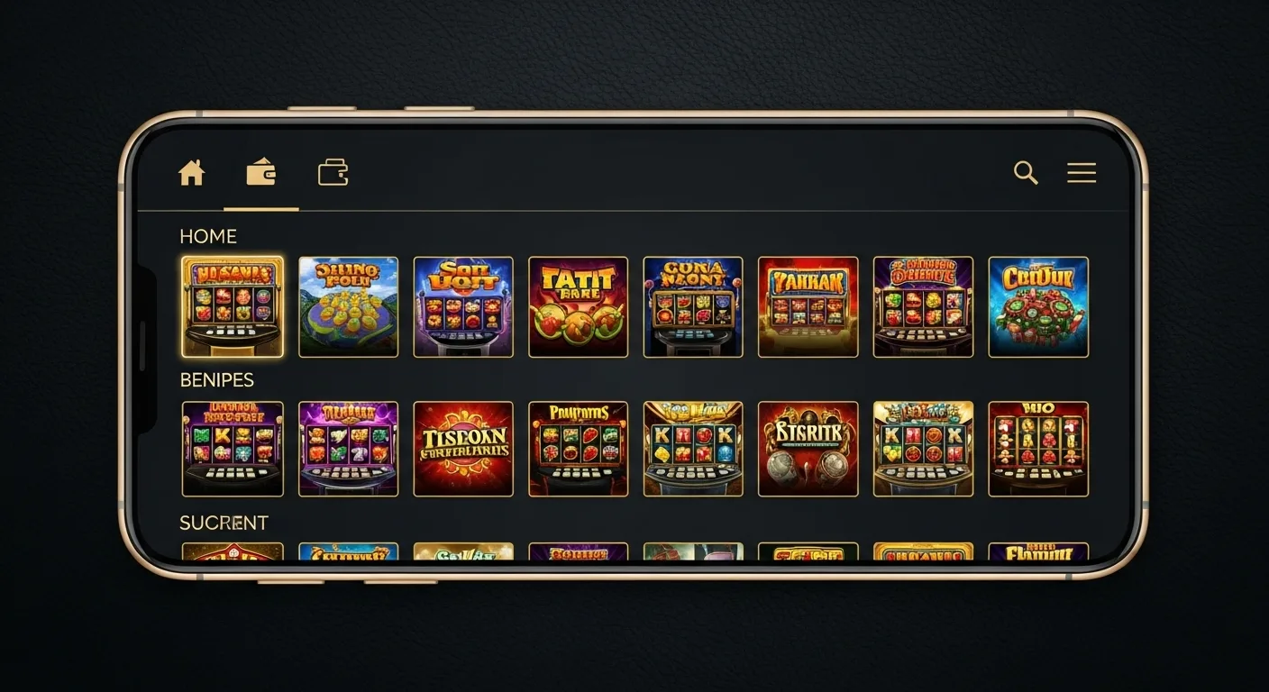 Темный интерфейс казино с навигацией и каталогом слотов